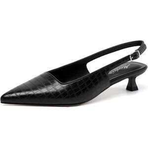 Women's Black Croc Pointed Closed Toe Slingback Kitten Heels Pumps Party Shoes